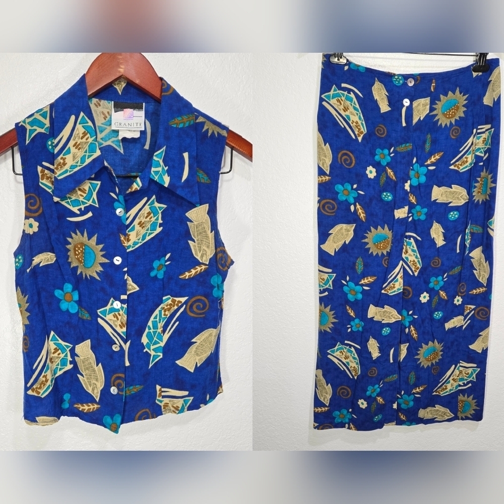 80s Fish Sun Flower Vest & Skirt Set Vintage by Granite